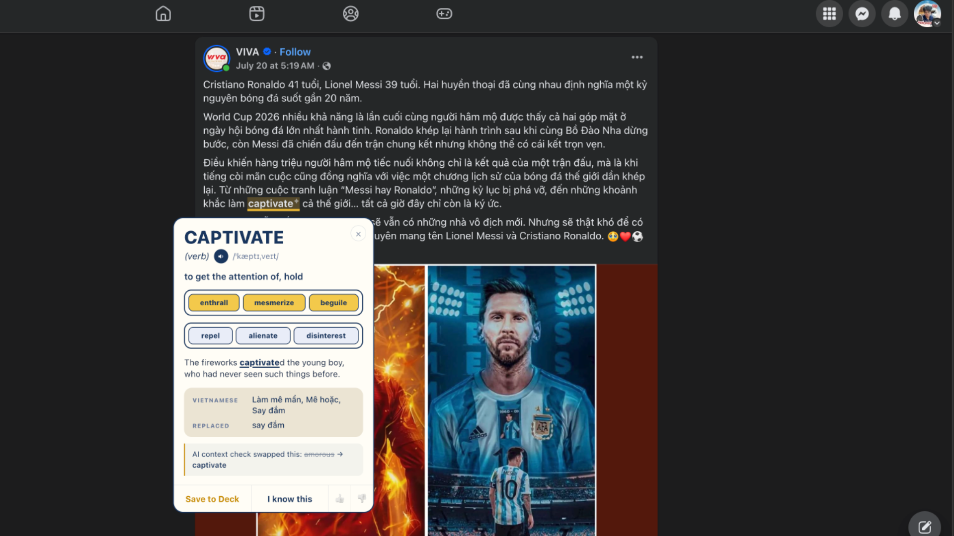 A Facebook post about Messi and Ronaldo where the Merid card shows the context check replacing amorous with captivate