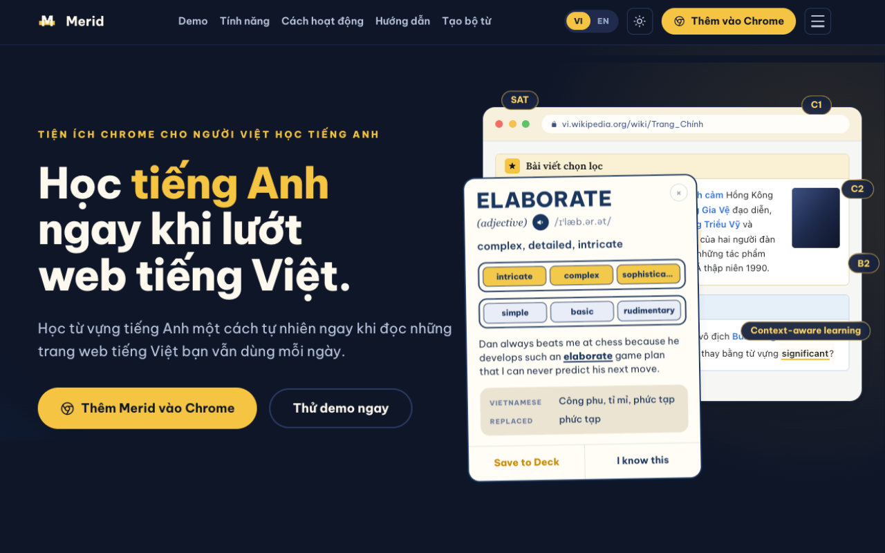 The Merid landing page with an English word shown in place of a Vietnamese one